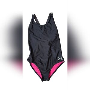 Under Armour Swimsuit Girls Size 12 Black One Piece UA Racerback Athletic UPF 30
